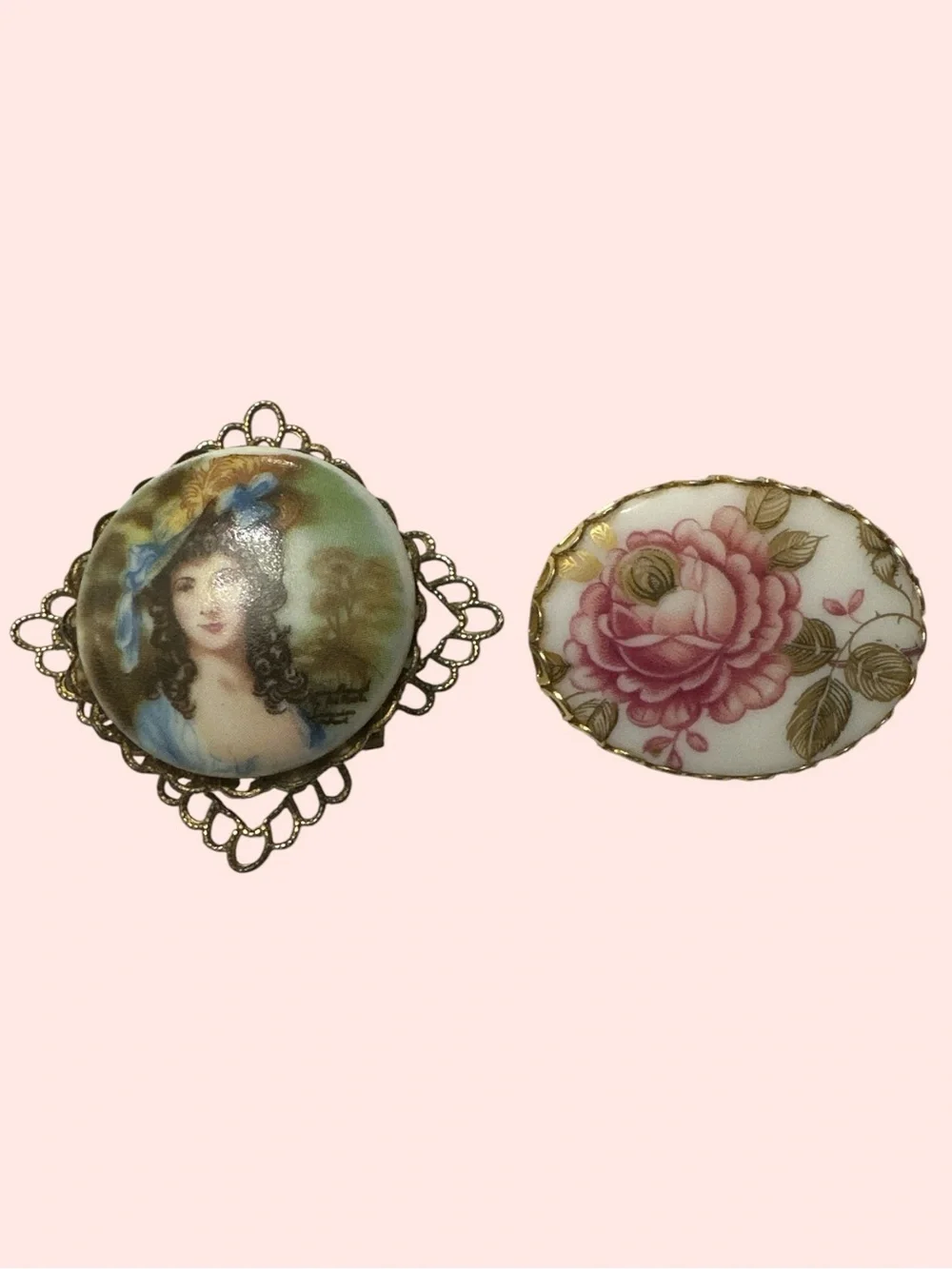 Painted Porcelain or Ceramic Rose and Portrait Brooch Set - Pink and Multicolor